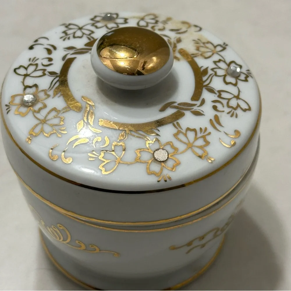 Vintage Lefton Vanity Trinket Jar Ornate Gold Floral Rhinestone #180